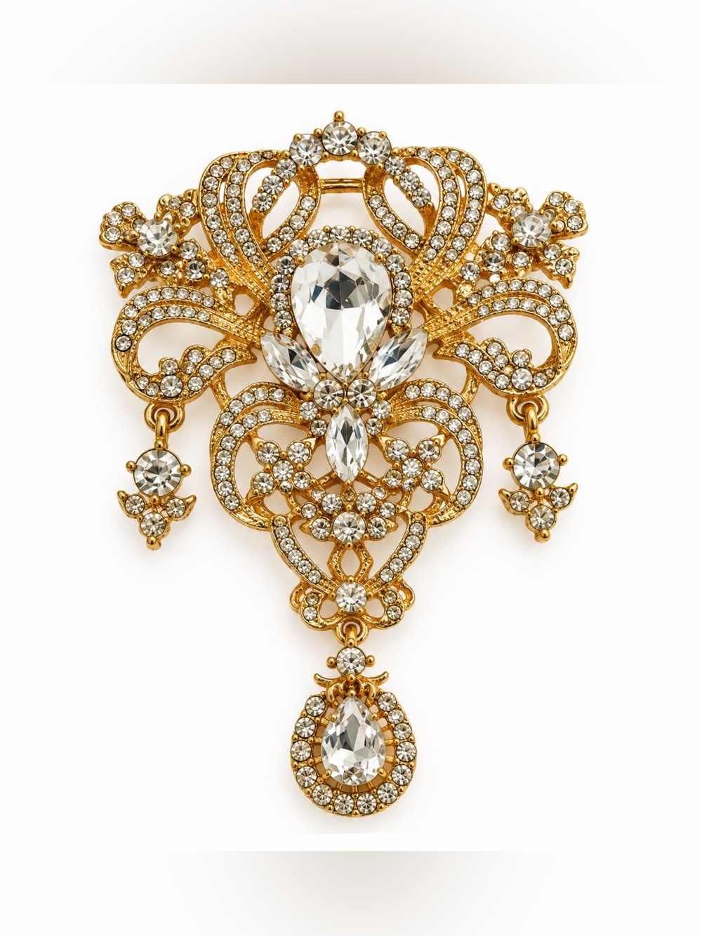 Large Gold Tone Rhinestone Crystal Teardrop Dangle Statement Brooch Pin Sparkly